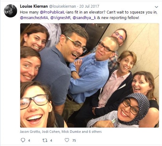 Louise Kiernan with ProPublica Chicago employees in elevator
