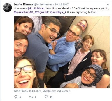 Louise Kiernan with ProPublica Chicago employees in elevator